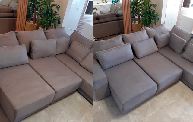 Foto de antes e depois da limpeza de sofá no Conjunto Residencial Santa Terezinha