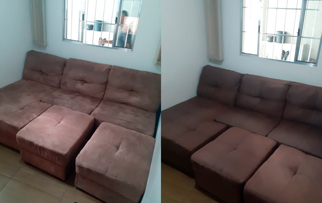 Foto de antes e depois da limpeza de sofá no Conjunto Residencial Santa Terezinha