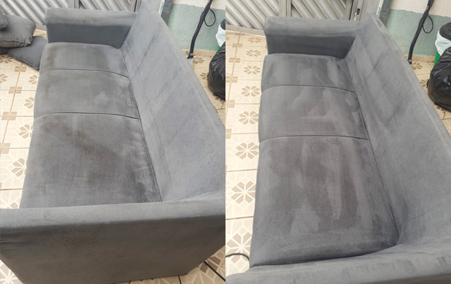 Fotos de antes e depois do serviço de limpeza de sofá no Conjunto Residencial Santo Antônio