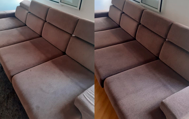 Fotos de antes e depois do serviço de limpeza de sofá no Conjunto Residencial Santo Antônio