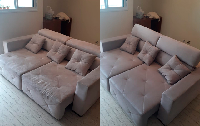 Foto de antes e depois do serviço de limpeza de sofá no Jardim Recanto do Morumbi