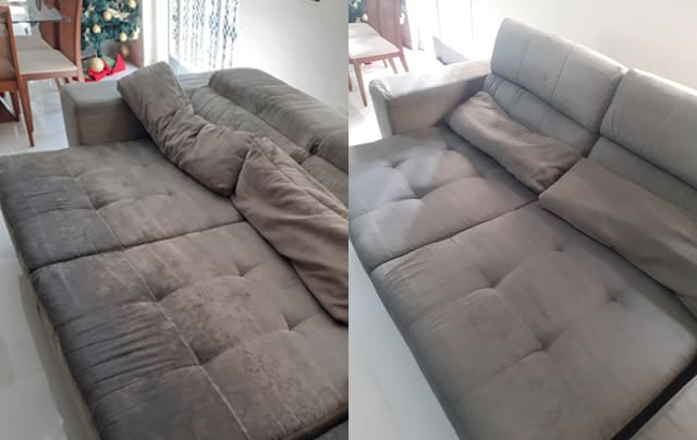Foto antes e depois da limpeza de sofá no Moinho Velho