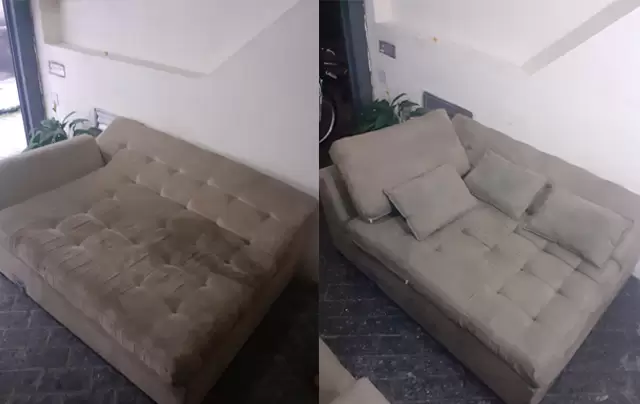Foto de antes e depois da limpeza de sofá em Parque Bairro Morumbi